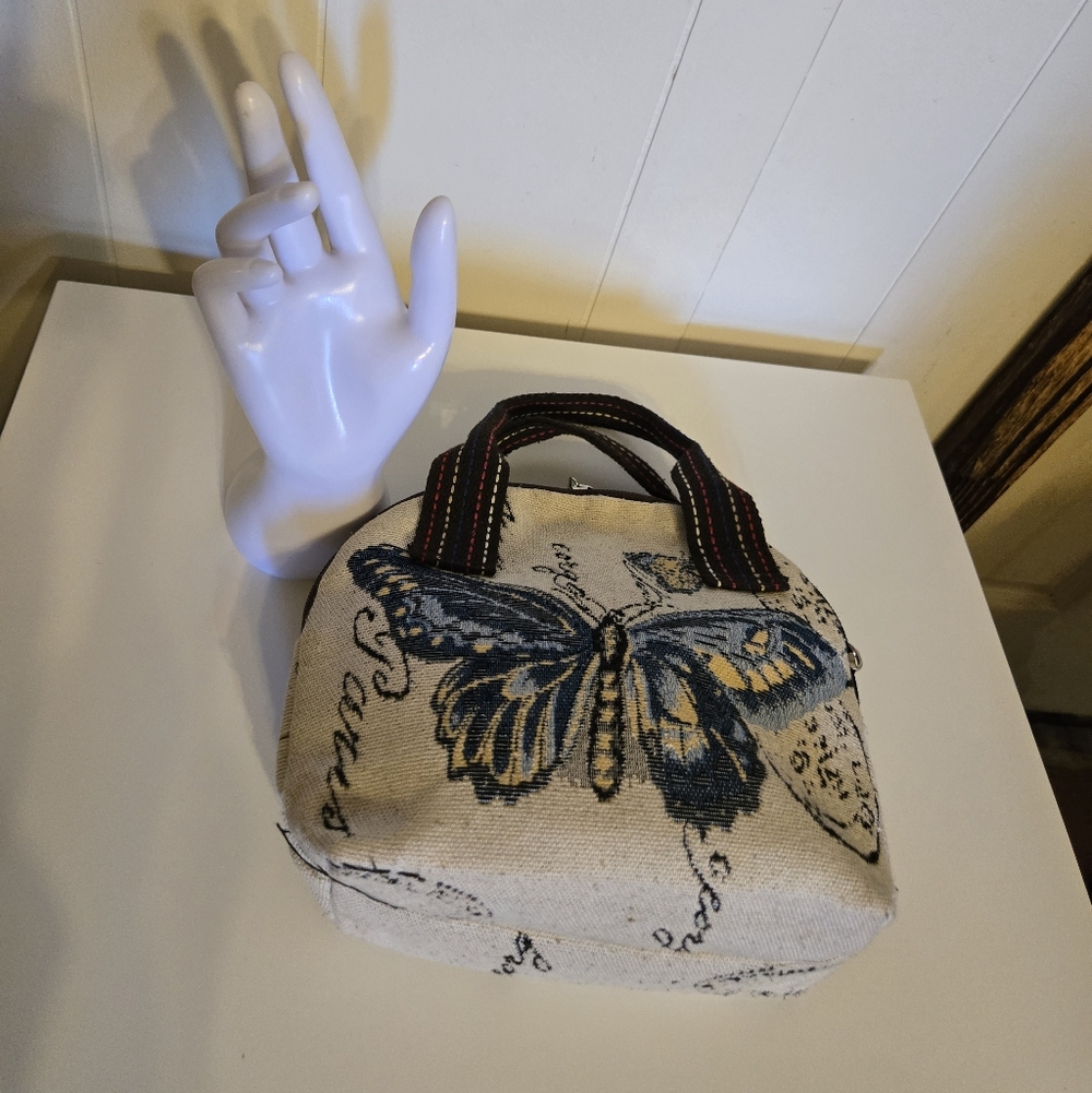 Blue Butterfly Embroidered Canvas Tote - Women's Small Handbag - Picture 4 of 6